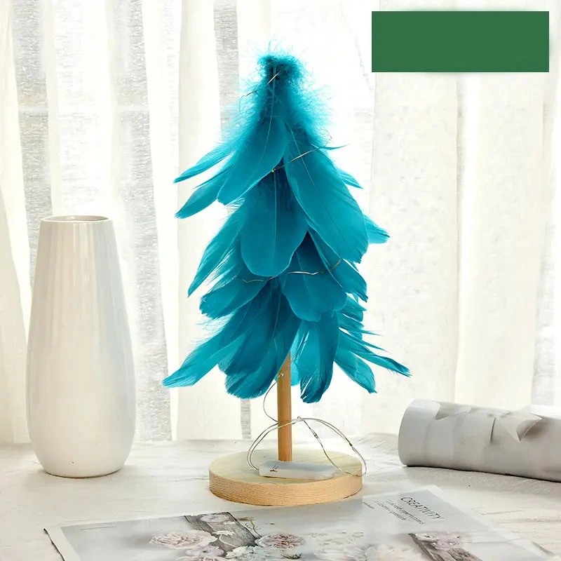 Prelit Tabletop Christmas Tree Wooden Miniature Christmas Feather Tree Warm LED Lights for Home and Office Christmas Decoration