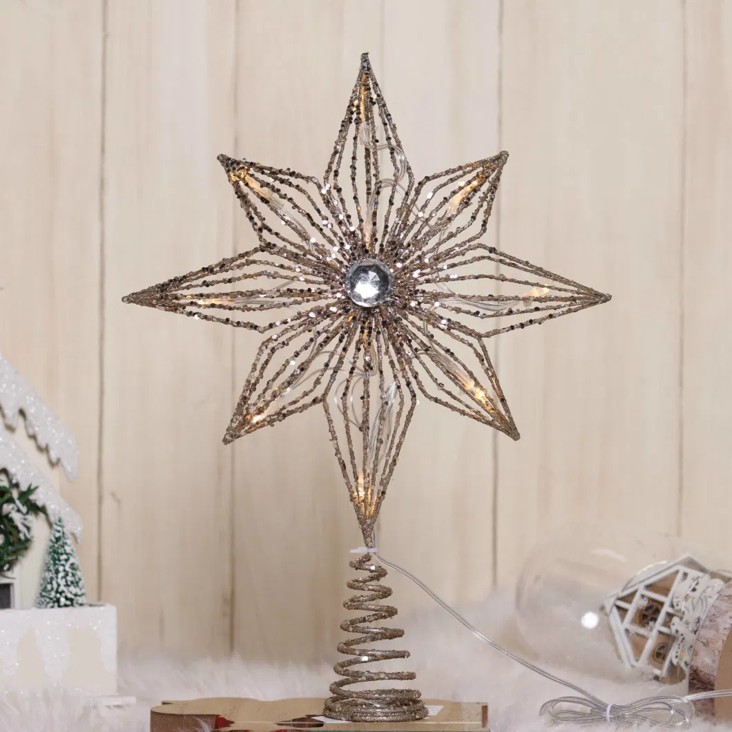 Gold Hollow Decorative Ornament Pendants Star Christmas Tree Topper with LED Light