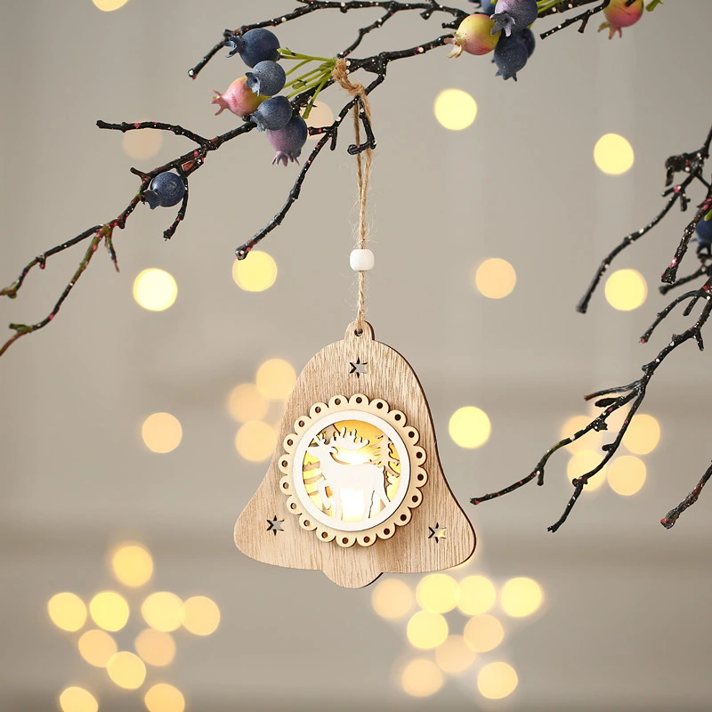 Happy New Year Christmas Ornaments Glowing Wooden Christmas Tree Pendant Decorations LED Light for Home Xmas Gift