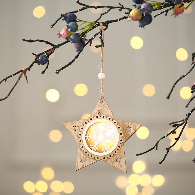 Happy New Year Christmas Ornaments Glowing Wooden Christmas Tree Pendant Decorations LED Light for Home Xmas Gift