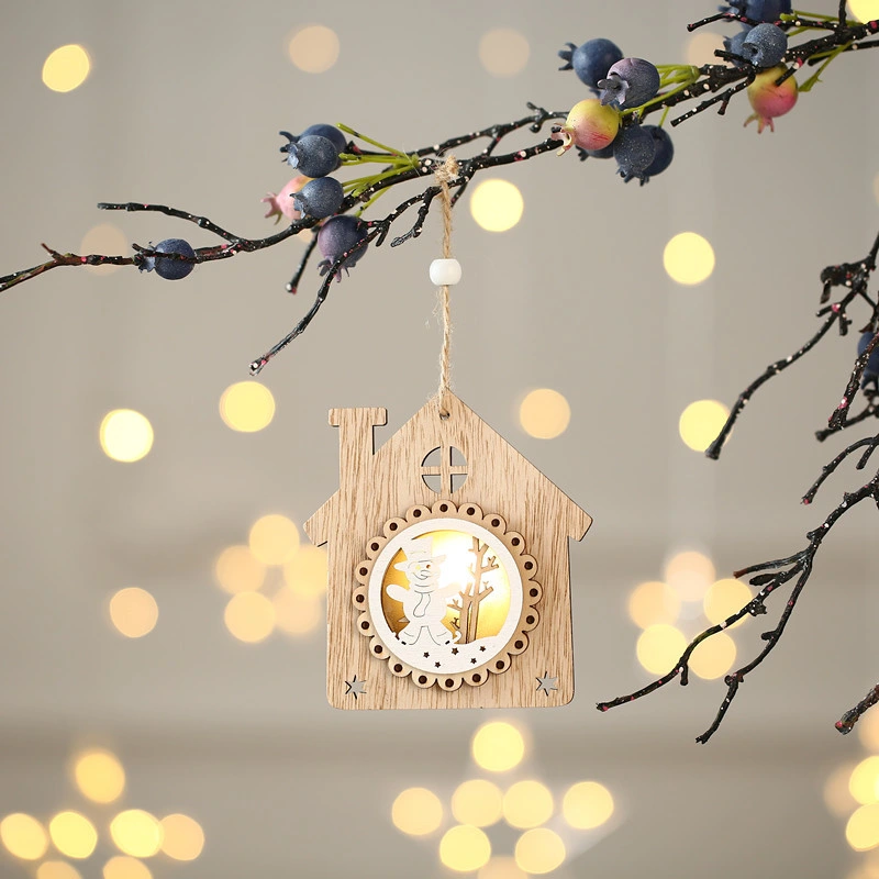 Happy New Year Christmas Ornaments Glowing Wooden Christmas Tree Pendant Decorations LED Light for Home Xmas Gift